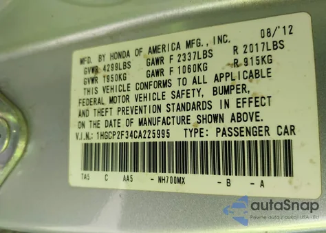 2012 Honda Accord 2.4 Lx from USA, damaged, VIN 1HGCP2F34CA225995
